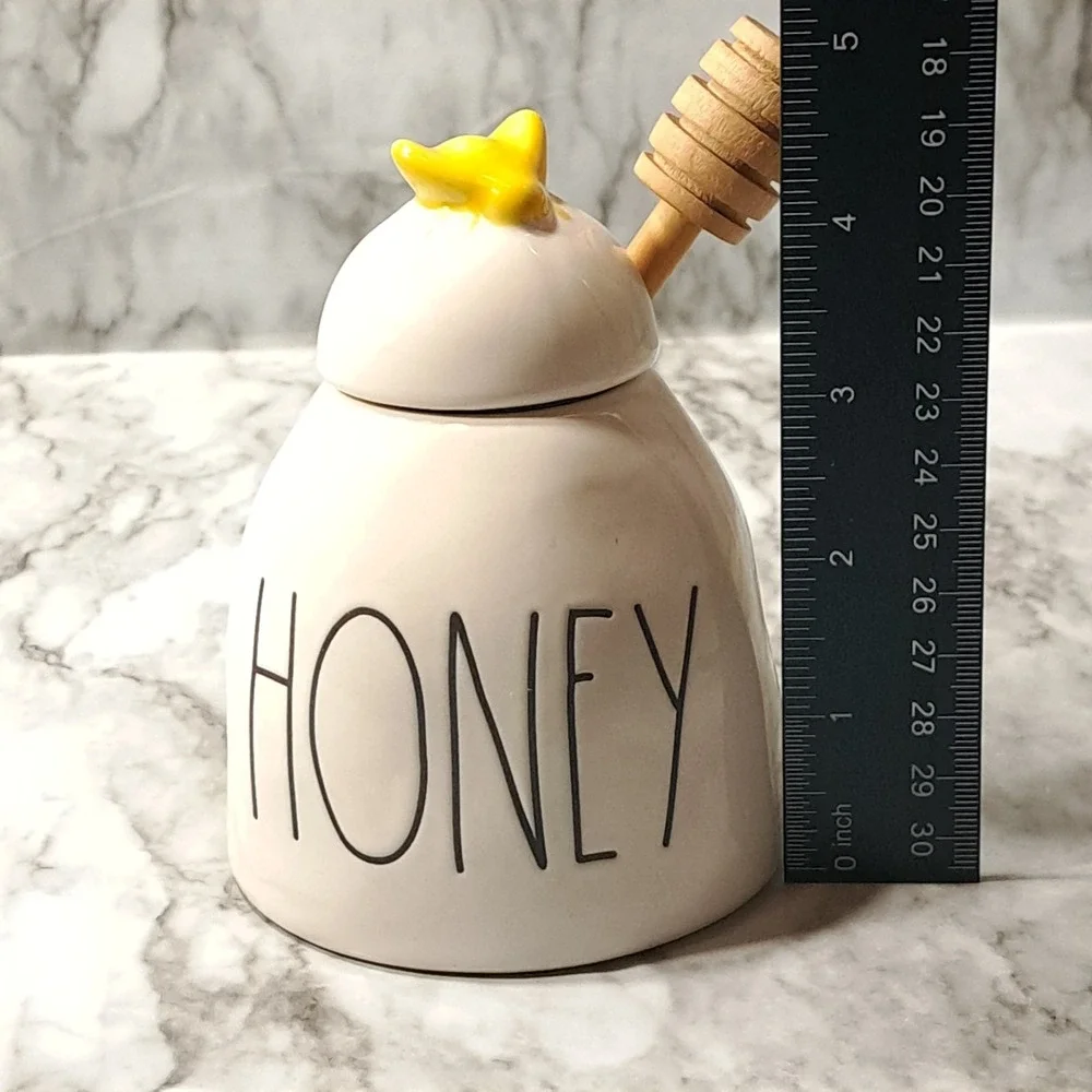 Rae Dunn Ceramic HONEY‎ Pot/ Jar With Wooden Honey Dipper  & Yellow Bee Lid